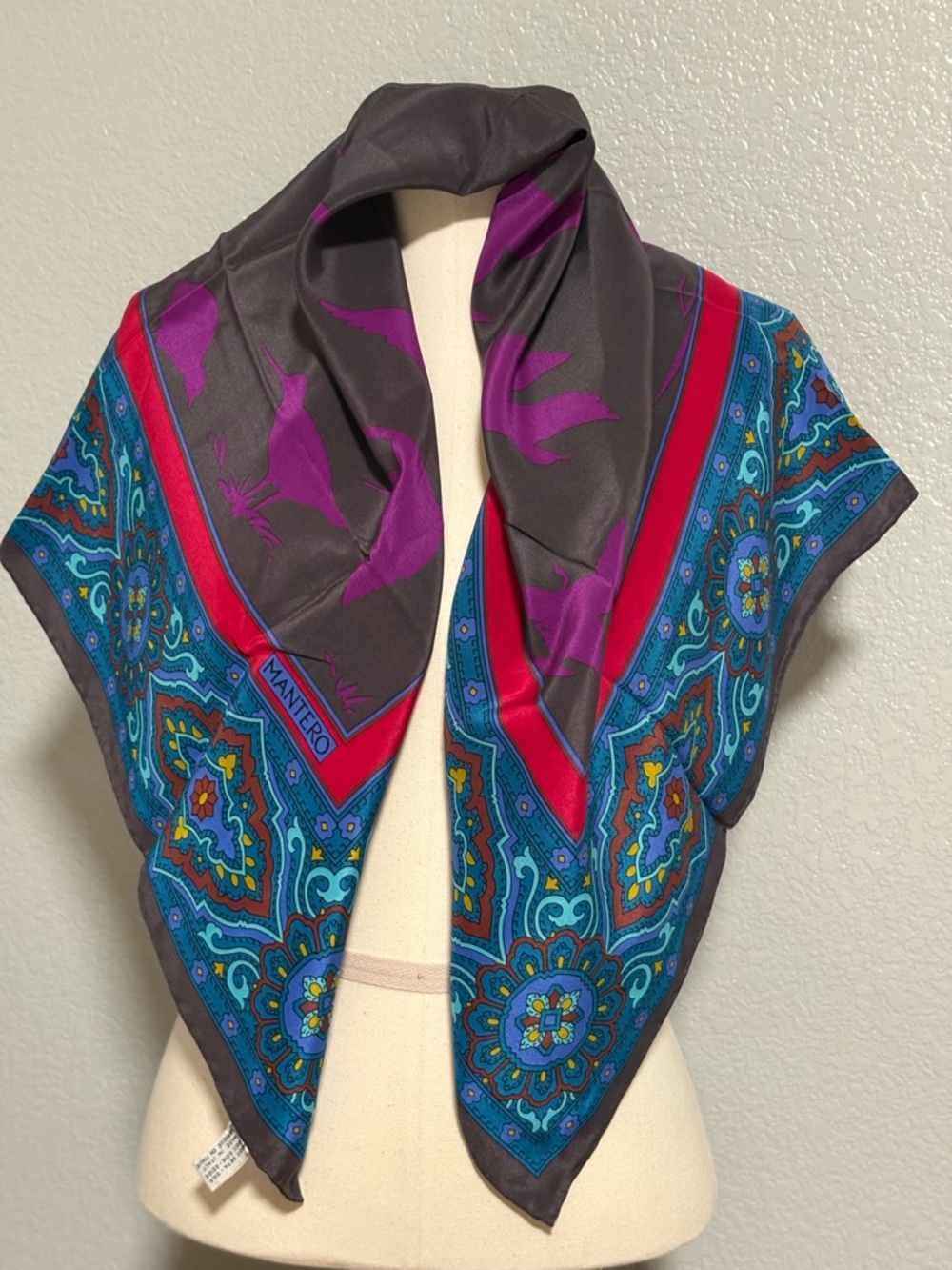 Mantero Multicolor Silk-Feel Square Scarf — Teal, Purple & Red Accents